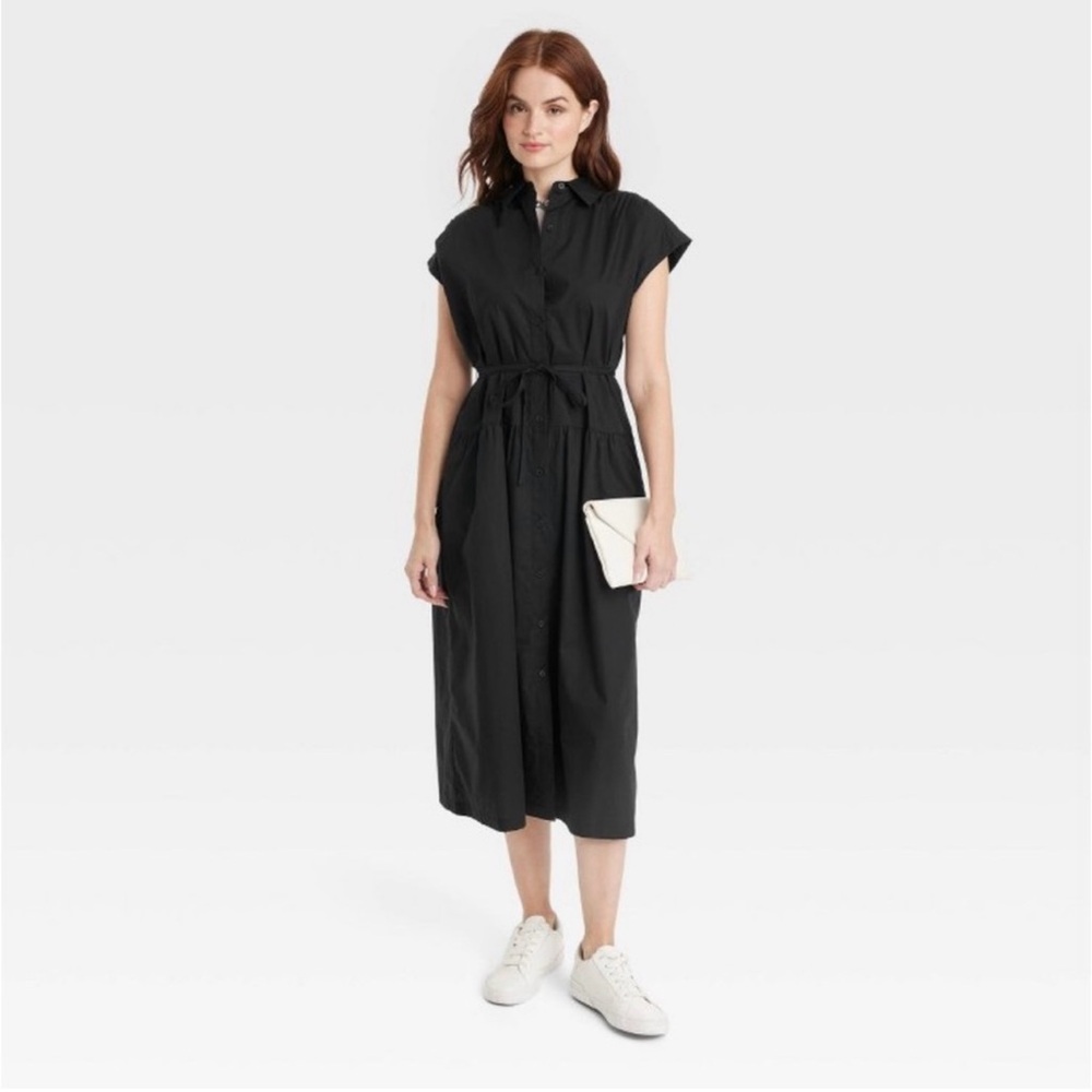 NWT Women's A New Day S Black Short Sleeve Button Down Collar Midi Dress